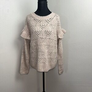 Old Navy Cozy Knit Sweater Women's Small‎ Pink Ruffle Trim Pointelle Long Sleeve